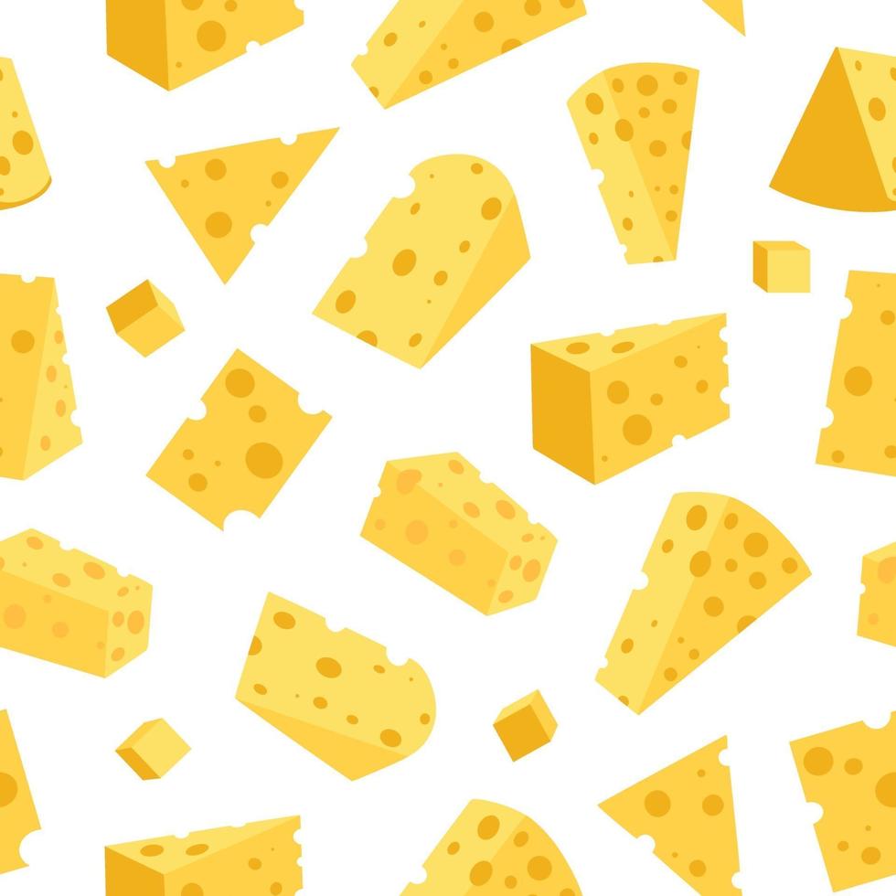 padrão sem emenda de queijo. pedaços de queijo amarelo, isolados em um fundo branco. pedaços de queijo de várias formas. ilustração em vetor plana