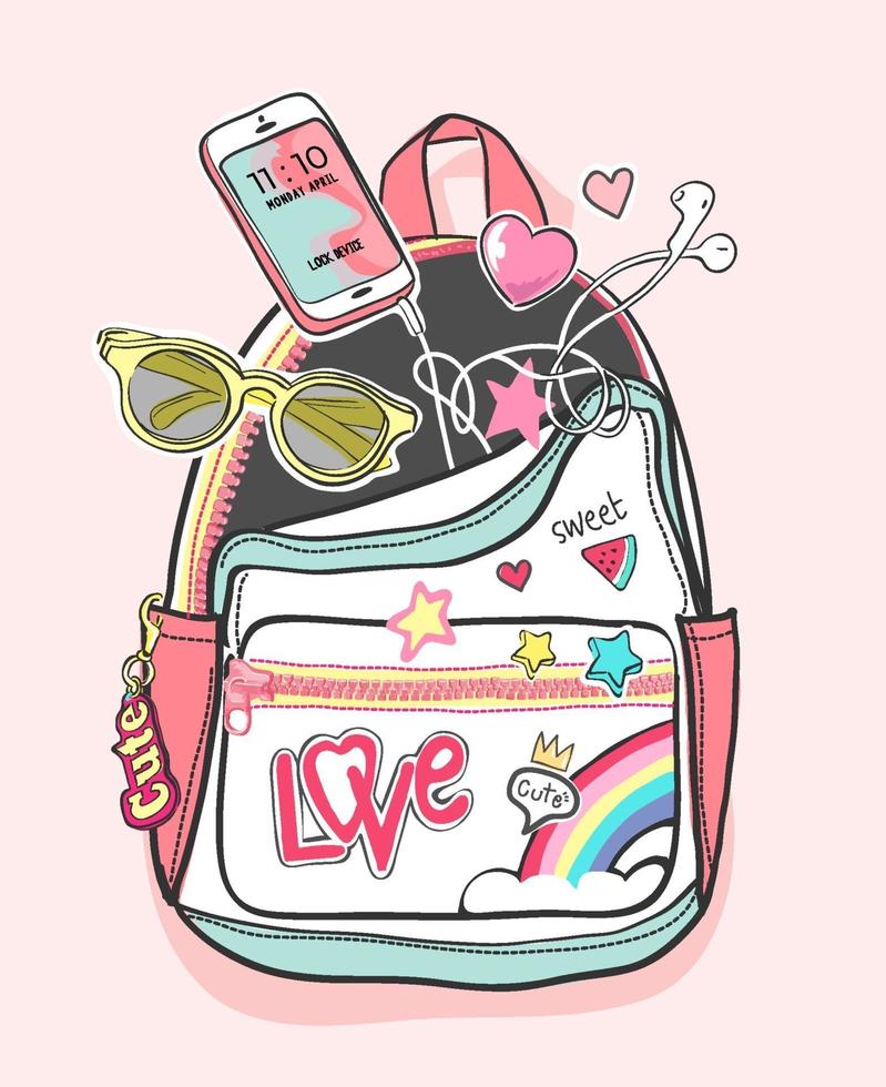 mochila de desenho colorido com ilustração de ícones bonitos vetor
