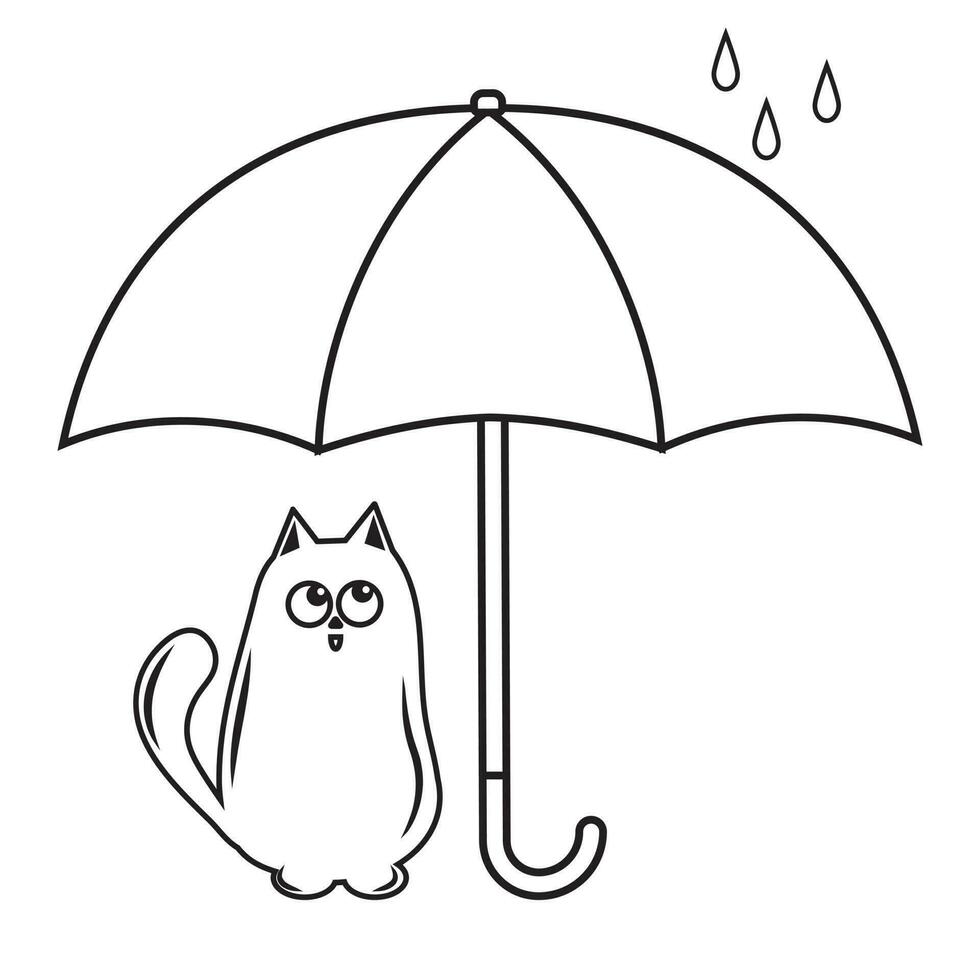 gato sentado debaixo a guarda-chuva, estêncil ícone, contorno desenhando coloração, vetor isolado ilustração