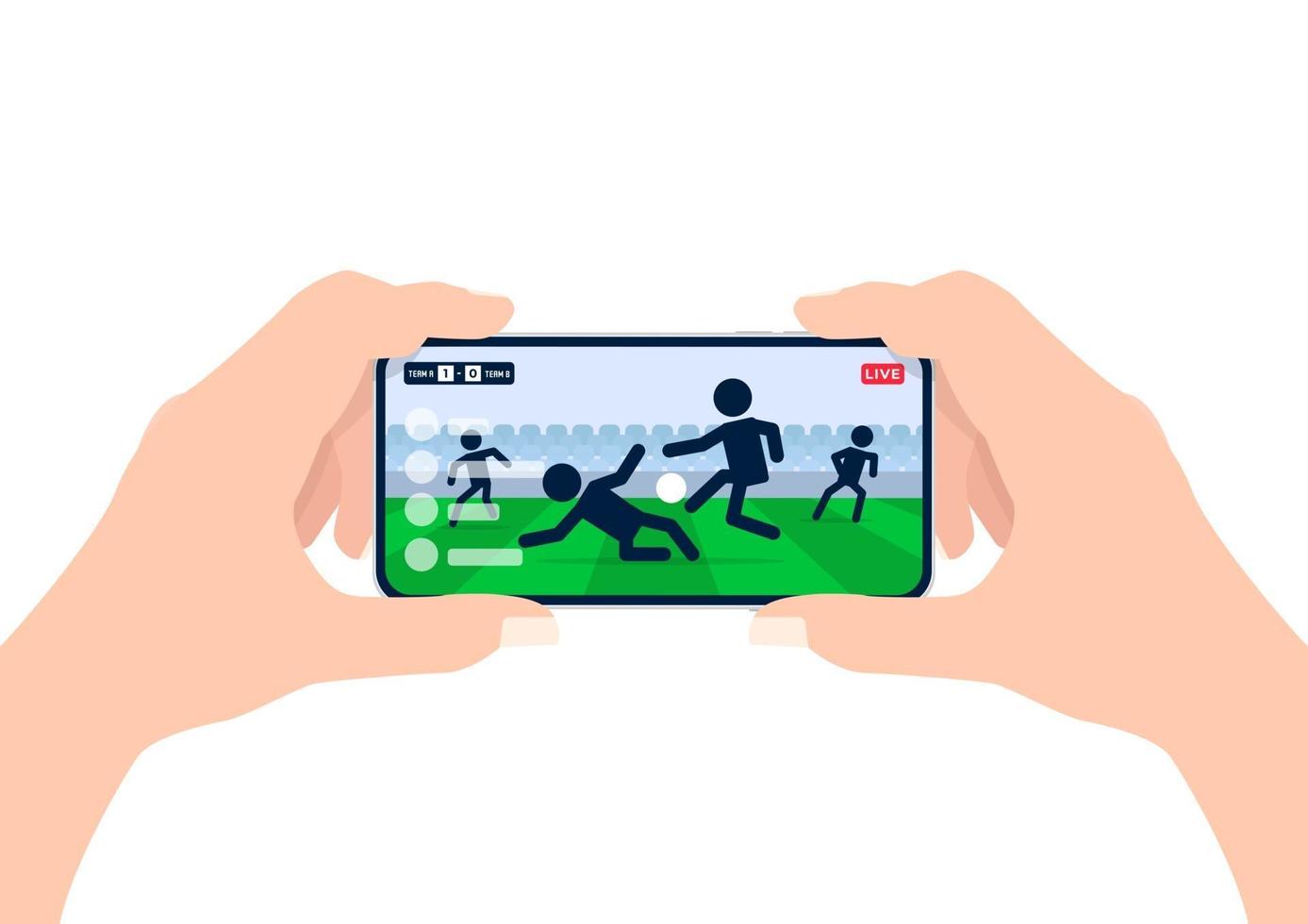 futebol ou liga de futebol transmissão ao vivo no telefone celular homem com as mãos segurando um smartphone e assistir a qualquer partida de futebol ao vivo online vetor