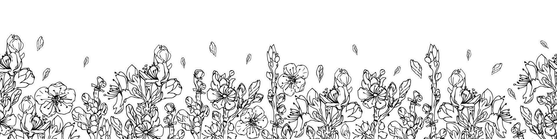 desatado Preto e branco têxtil floral fronteira. desenhado à mão cereja galhos. vetor