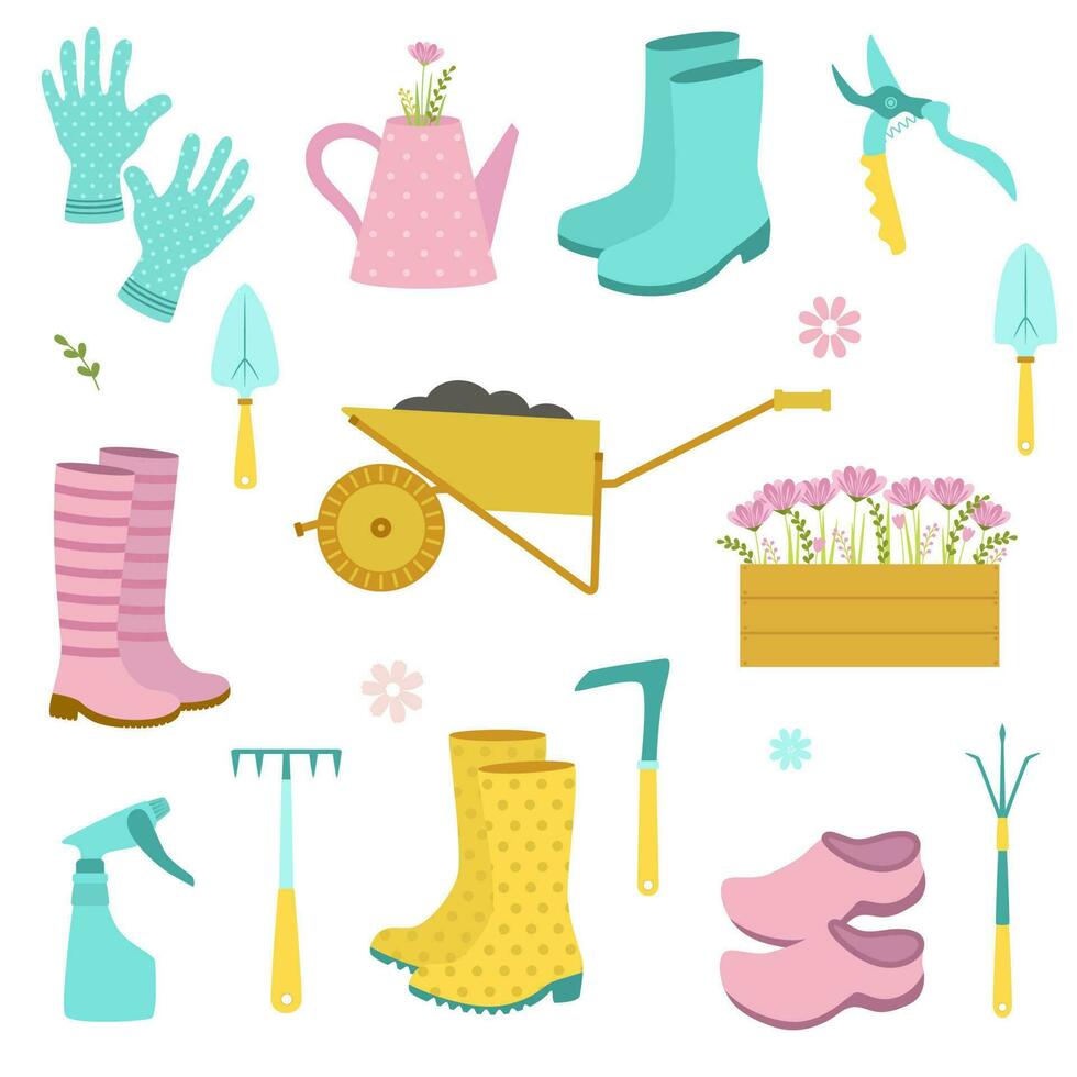 uma conjunto do jardim ferramentas. cor cenário. carrinho de mão, ancinho, colher, vassoura, pá, luvas, tesouras de podar, baldes, tesoura, uma Panela com petúnias. fofa insetos. vetor e ilustração.