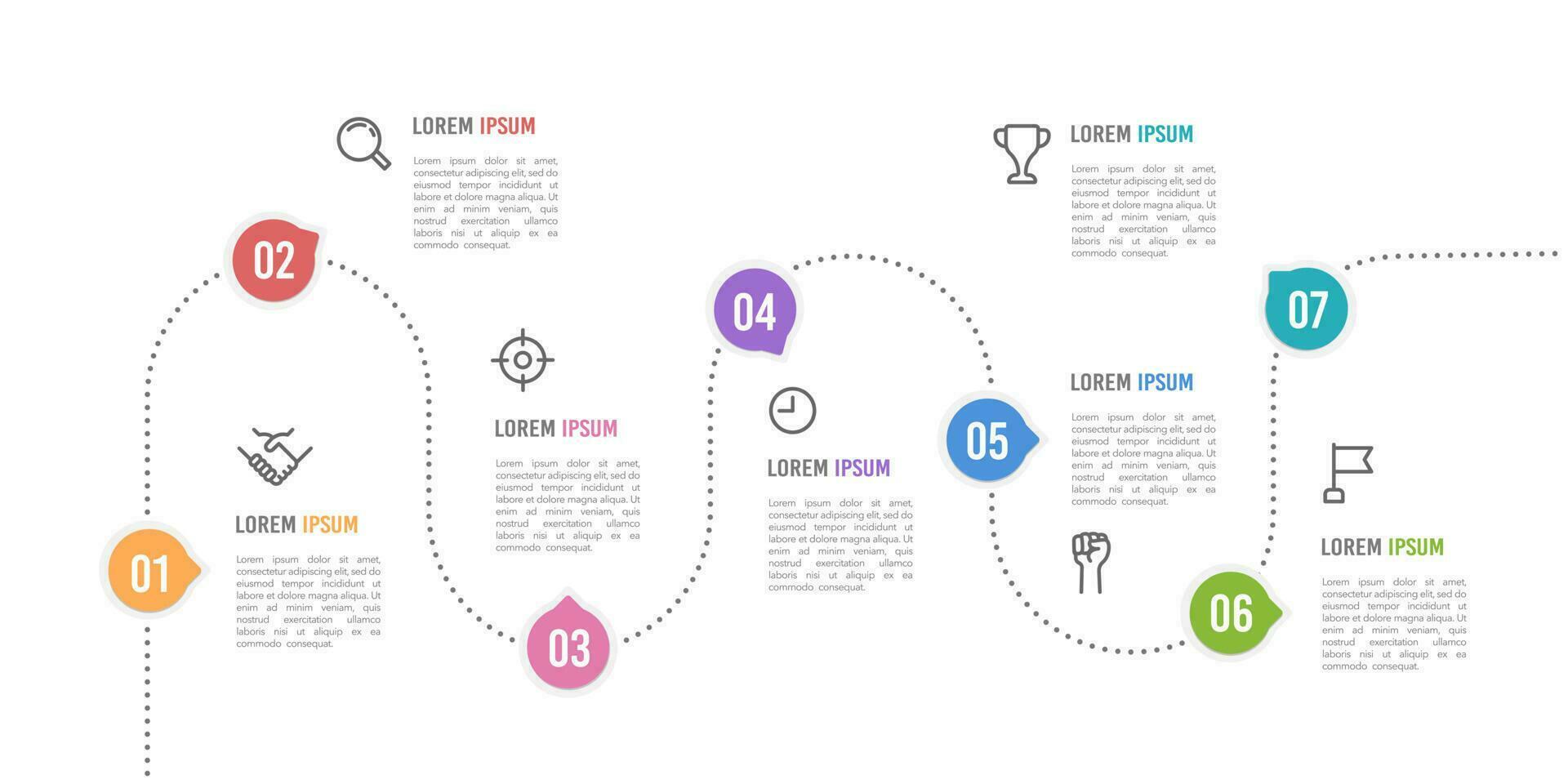 infográfico linha fragmento 7 passos ou opção. vetor ilustração.