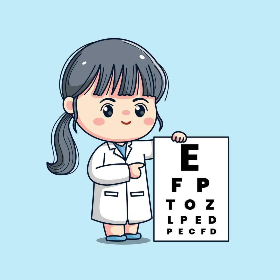 fofa oftalmologista fêmea médico kawaii chibi plano delineado personagem vetor