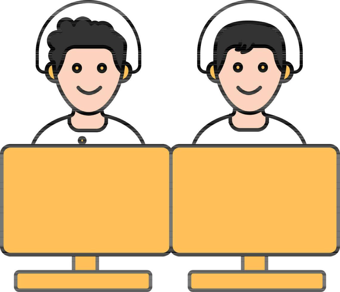 dois jovem Garoto vestindo fones de ouvido com computadores amarelo e branco ícone. vetor