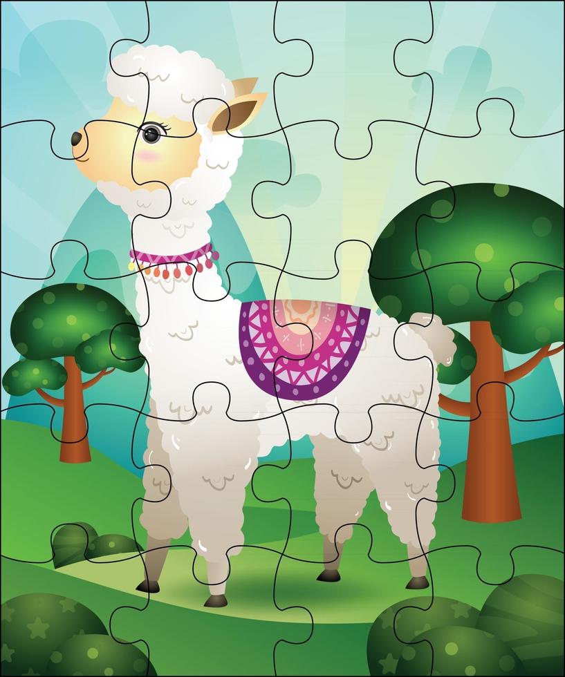 ilustração de jogo de quebra-cabeça para crianças com alpaca fofa vetor