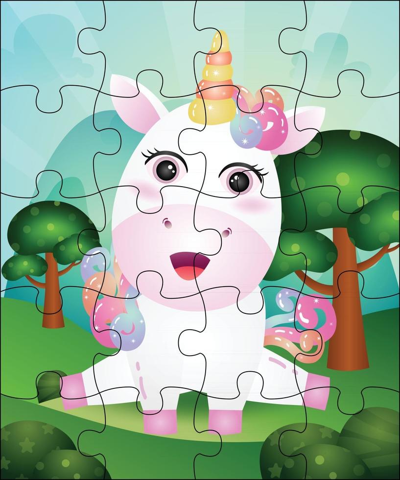 ilustração de jogo de quebra-cabeça para crianças com unicórnio fofo vetor