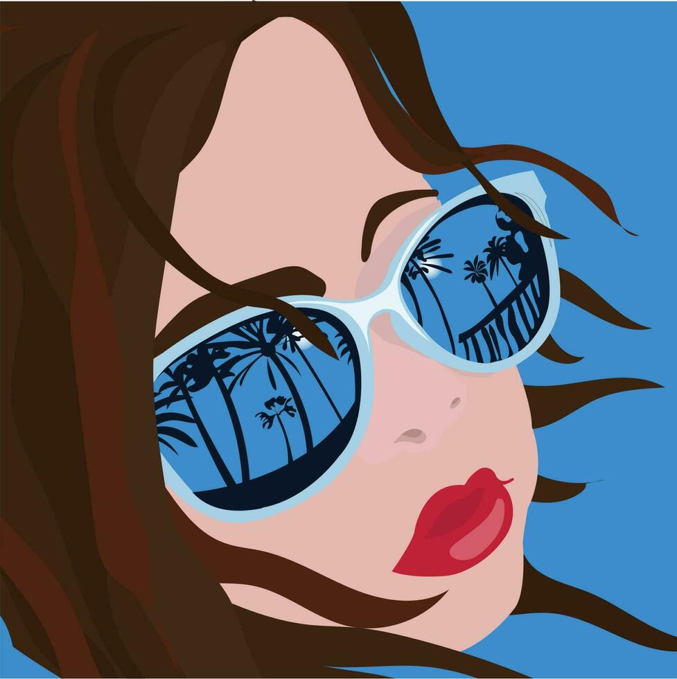 a face do uma menina de quem oculos de sol refletir a Sol e Palma árvores a conceito do verão feriados em a de praia. ilustração para seu Projeto. vetor. vetor