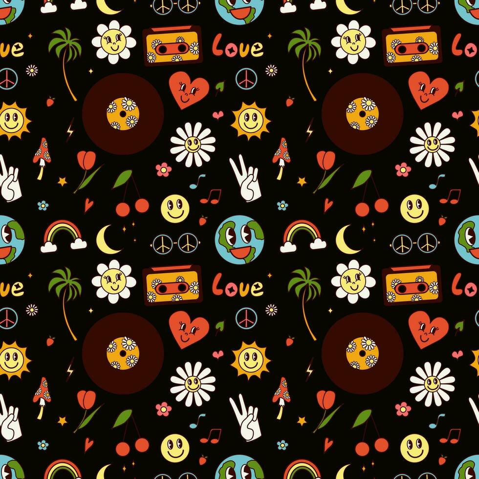 groovy vibração vetor desatado padronizar em Sombrio background.60s, anos 70. hippie, amor música, terra, sorriso, flores