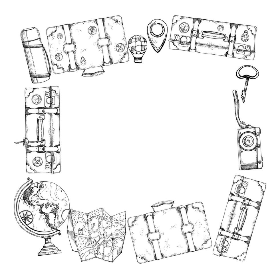tinta mão desenhado vetor gráfico esboço. quadrado quadro. velho vintage malas com adesivos e alfinetes, foto Câmera, mapa, frasco. Projeto para turismo, viagem, folheto, livreto, casamento, guia, imprimir, cartão.