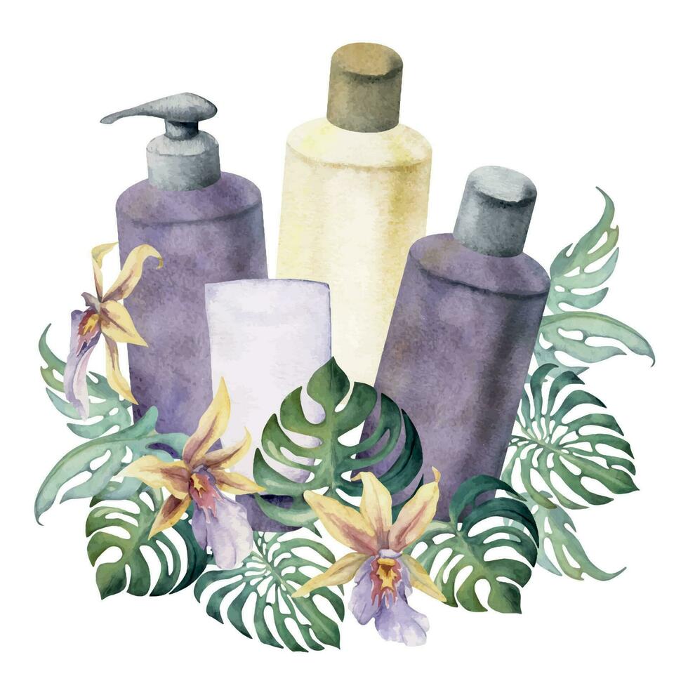 mão desenhado aguarela spa cuidados com a pele banho beleza produtos pacote flores horizontal composição isolado em branco fundo. Projeto para parede arte, bem estar recorrer, imprimir, tecido, cobrir, cartão, livreto. vetor