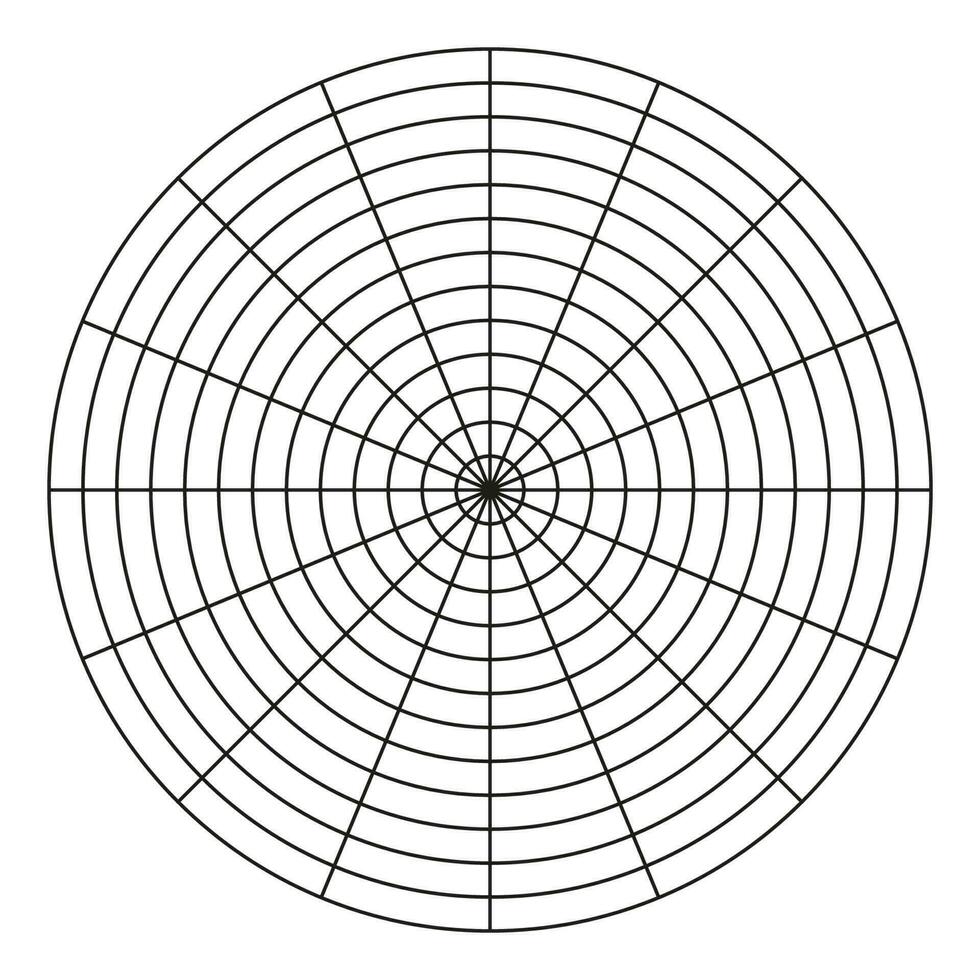 roda do vida modelo. simples treinamento ferramenta para visualizando todos áreas do vida. polar rede do 16 segmentos e 12 concêntrico círculos. círculo diagrama do vida estilo equilíbrio. em branco polar gráfico papel. vetor