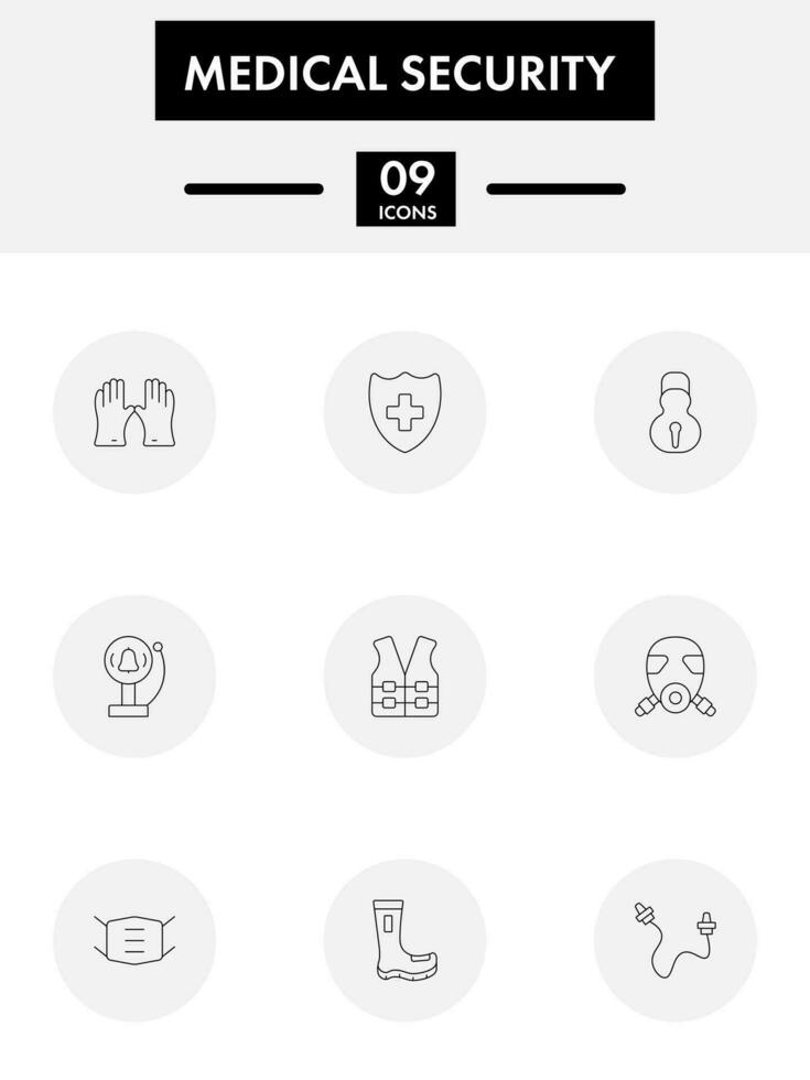 Preto linha arte conjunto do médico segurança ícone dentro plano estilo. vetor