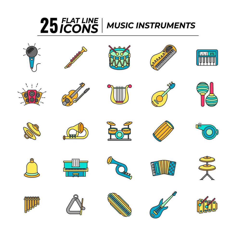 25 plano ícones do colorida música instrumento em branco fundo. vetor