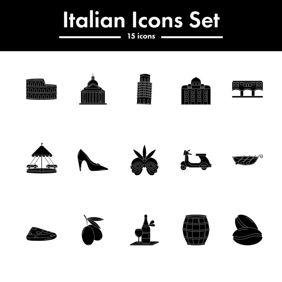 Preto e branco cor conjunto do italiano ícone dentro plano Projeto. vetor