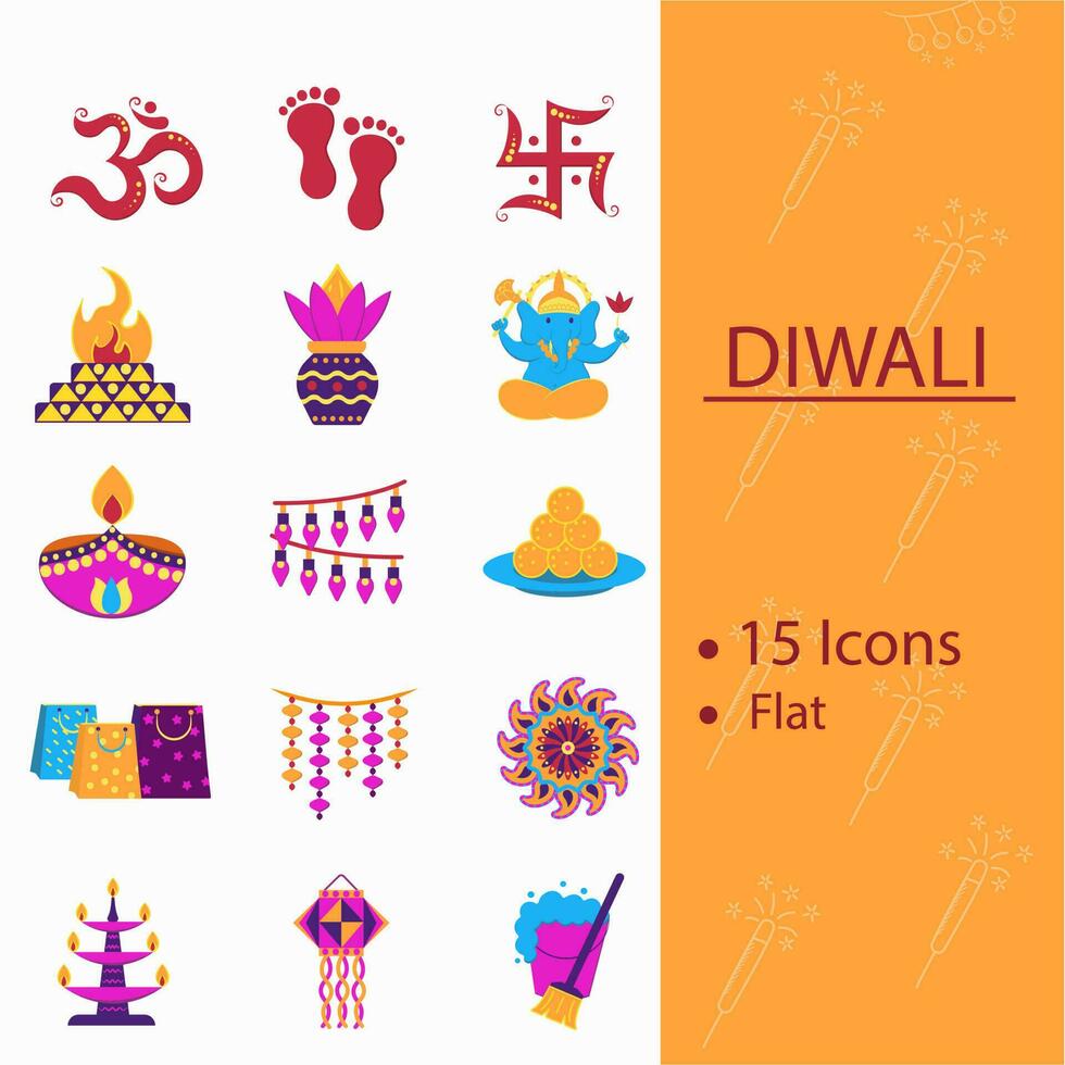 isolado colorida diwali ícones conjunto dentro plano estilo. vetor