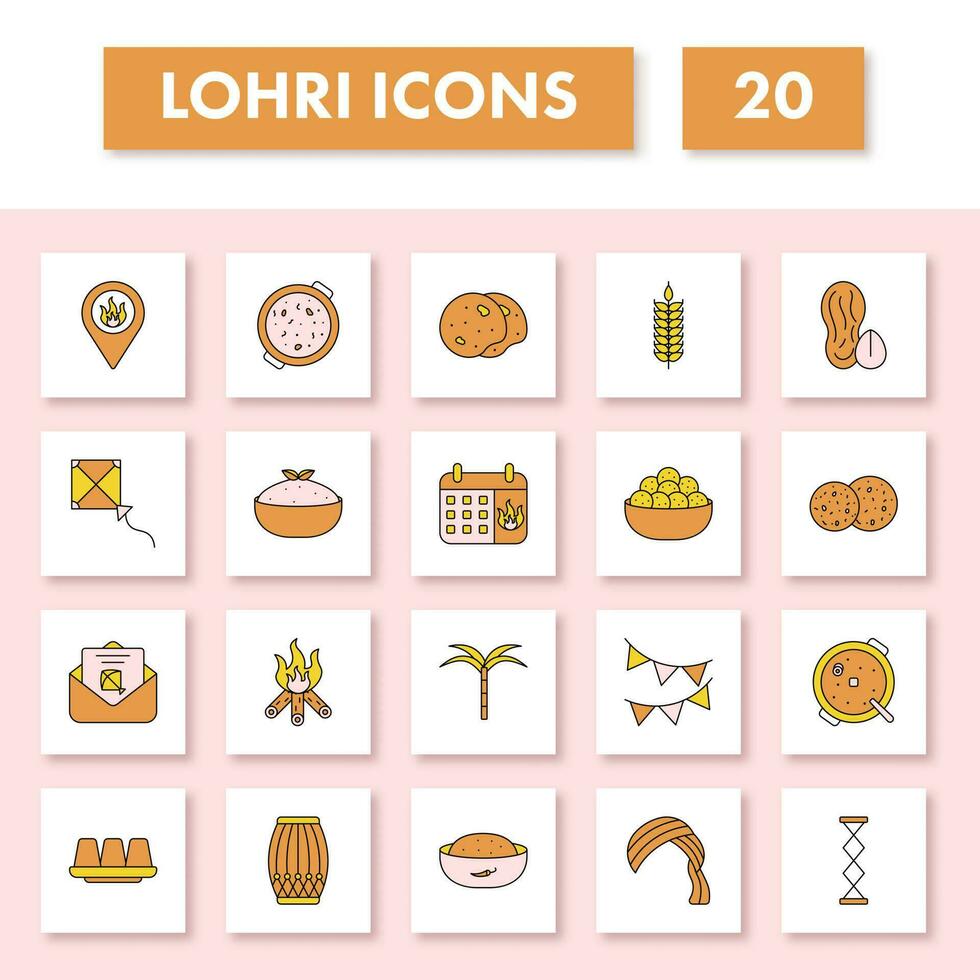 amarelo e laranja cor conjunto do Lohri ícone dentro plano estilo. vetor