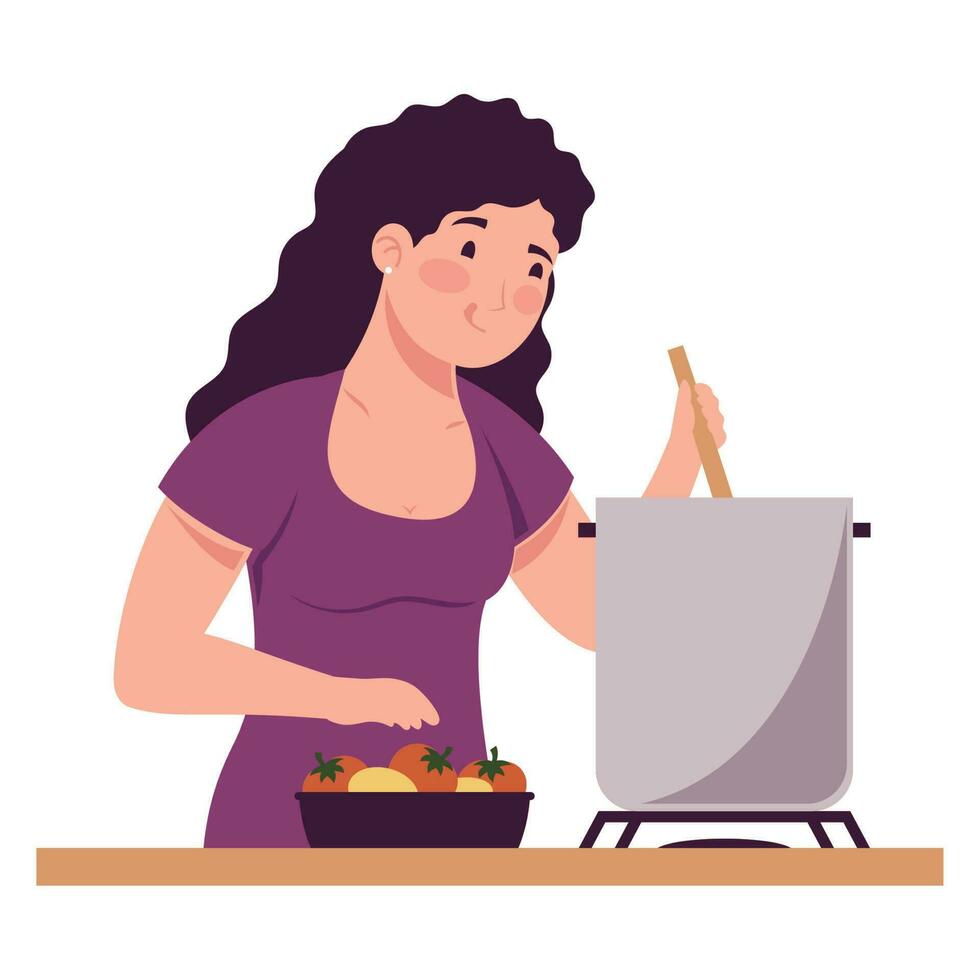 mulher cozinhando com Panela personagem vetor