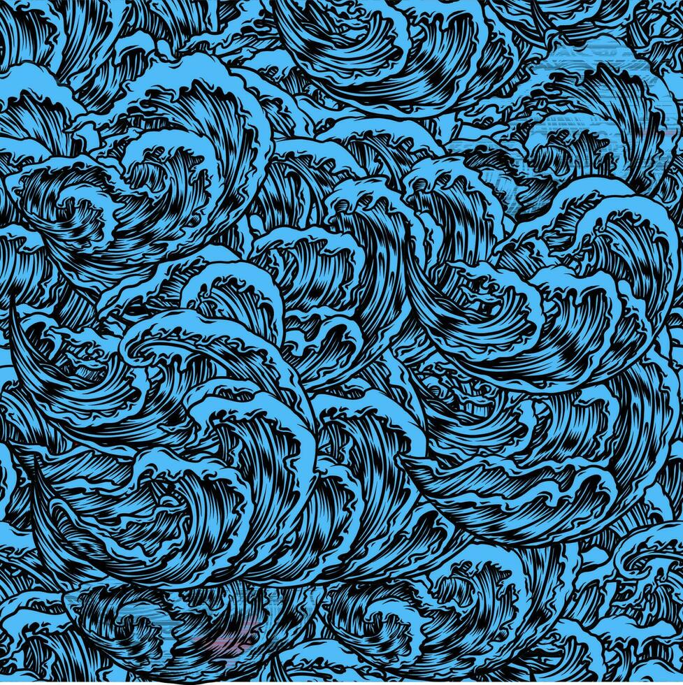 oceano ondas desatado padronizar. mar onda azul fundo, vento tempestade surfar água mão desenhado vetor ilustração
