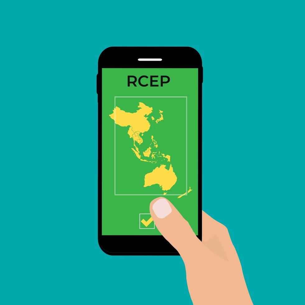 conceito de telefone com mapa rcep de parceria econômica abrangente regional moderna vetor