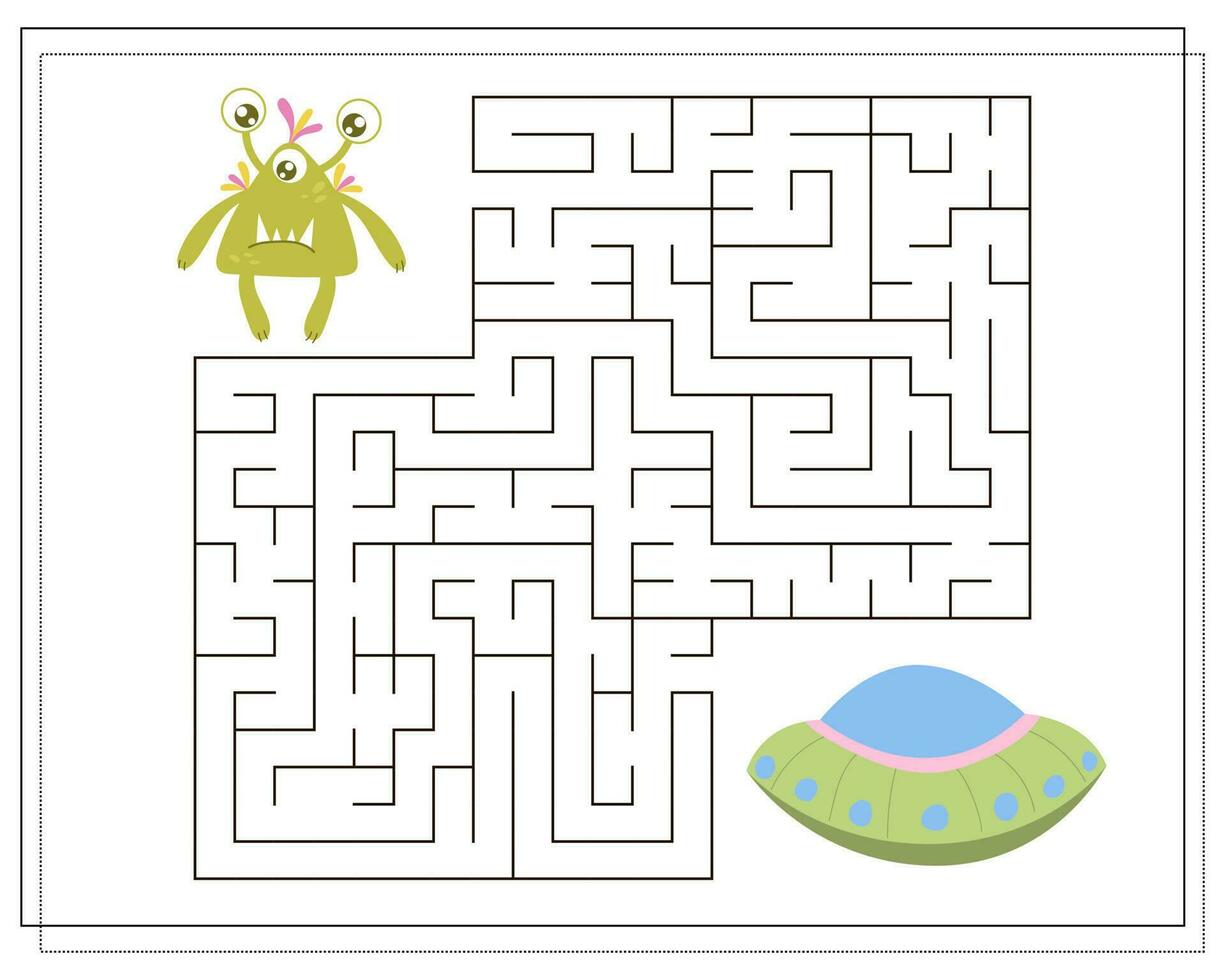 Labirinto, a educacional jogos para crianças. encontrar a caminho a partir de a desenho animado monstro para a vôo pires. vetor ilustração em uma branco fundo
