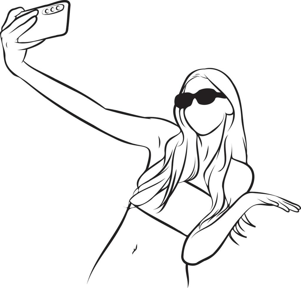 mulher segurando Câmera selfie linha desenho. vetor