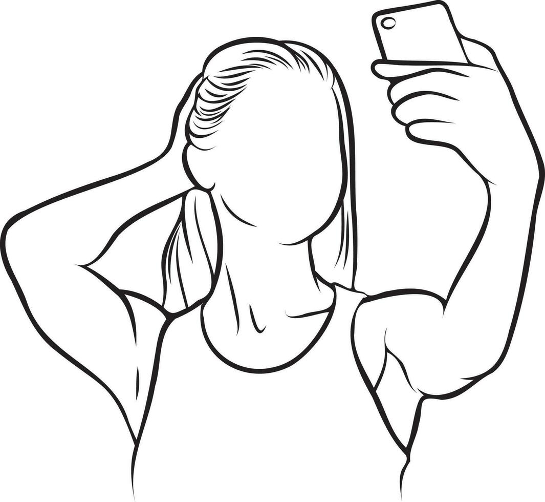 mulher segurando Câmera selfie linha desenho. vetor