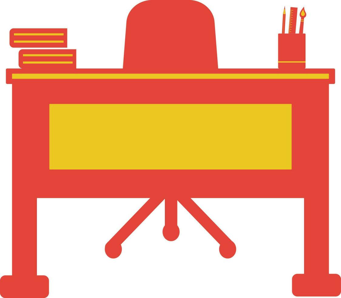 laranja e amarelo livro, lápis caixa em mesa com cadeira. vetor