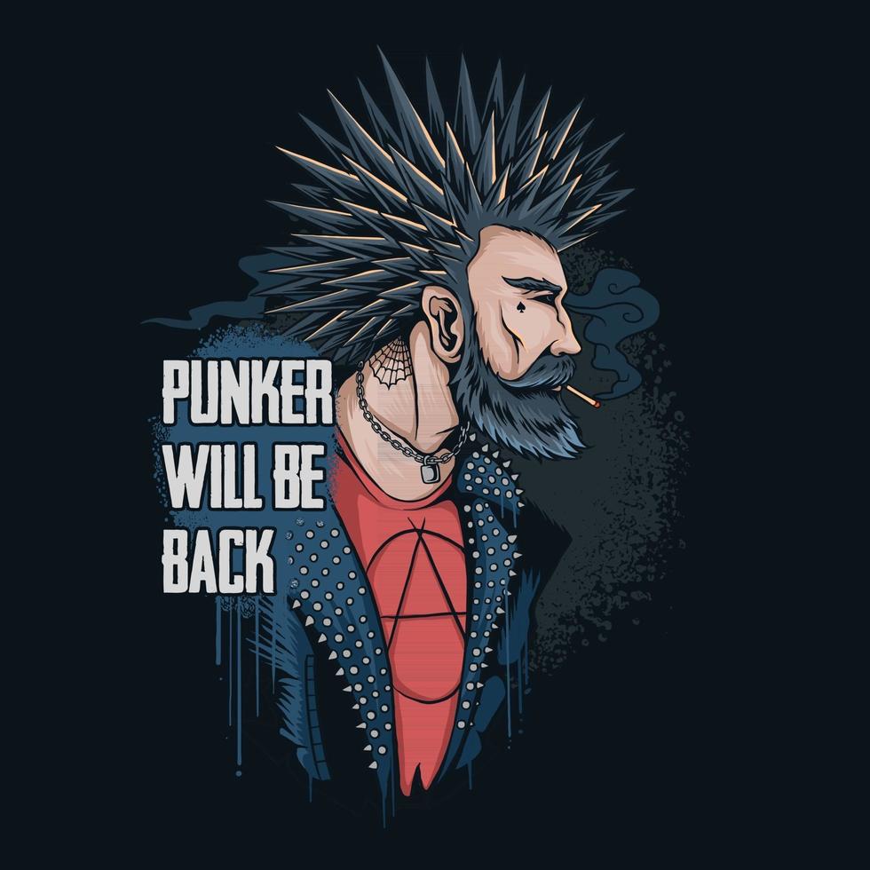 o punker fuma as pontas do cabelo e veste uma jaqueta de rocker com pontas ele retorna ao mundo para salvar a terra vetor