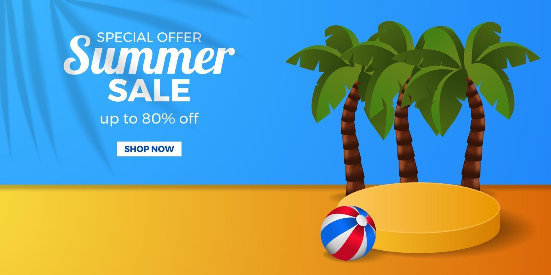 banner de promoção de verão banner de desconto com display de pódio de cilindro com coqueiro com bola e fundo de cor azul e laranja vetor