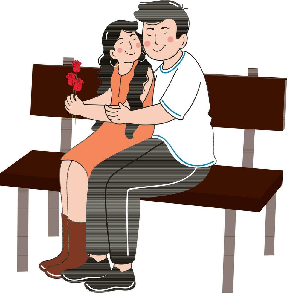 abraçando jovem casal personagem com segurando rosas às banco. vetor