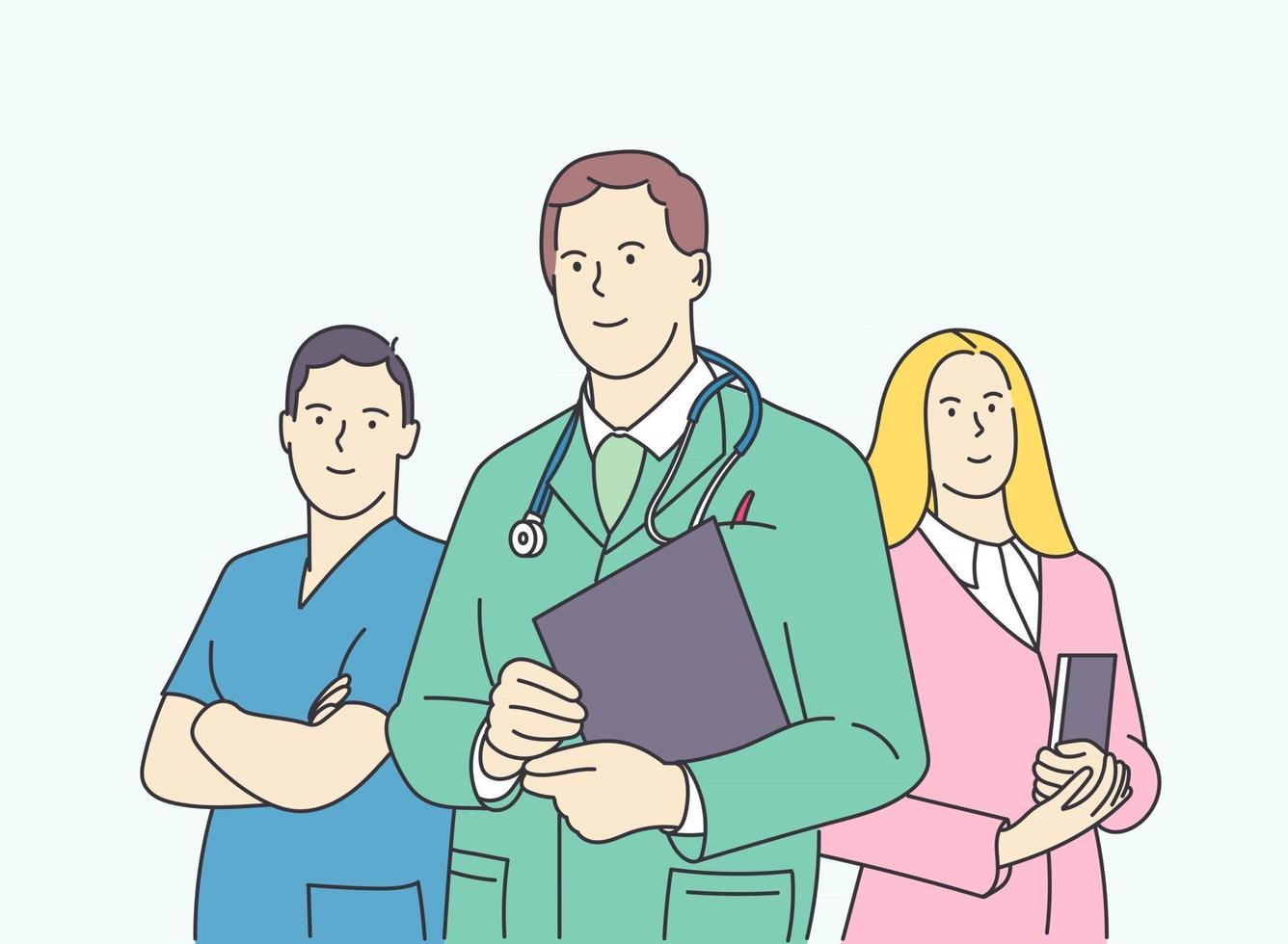 grupo de conceito de liderança de equipe de medicina de saúde, de personagens de desenhos animados jovens, homens e mulheres confiantes, médicos e colegas vetor