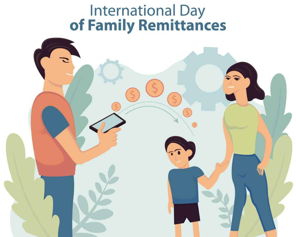 ilustração vetor gráfico do uma marido envia moedas usando uma Móvel aplicativo para dele família, perfeito para internacional dia, internacional dia do família remessas, comemoro, cumprimento cartão, etc.