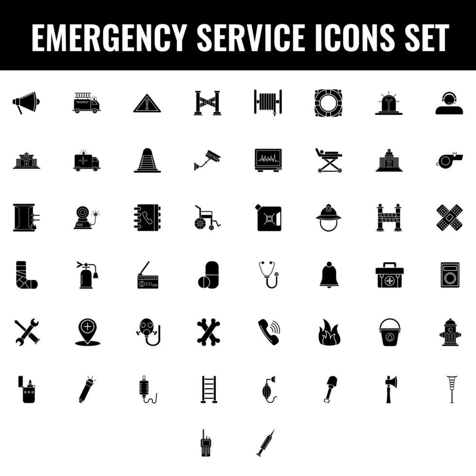 Preto e branco emergência serviço ícone conjunto dentro plano estilo. vetor