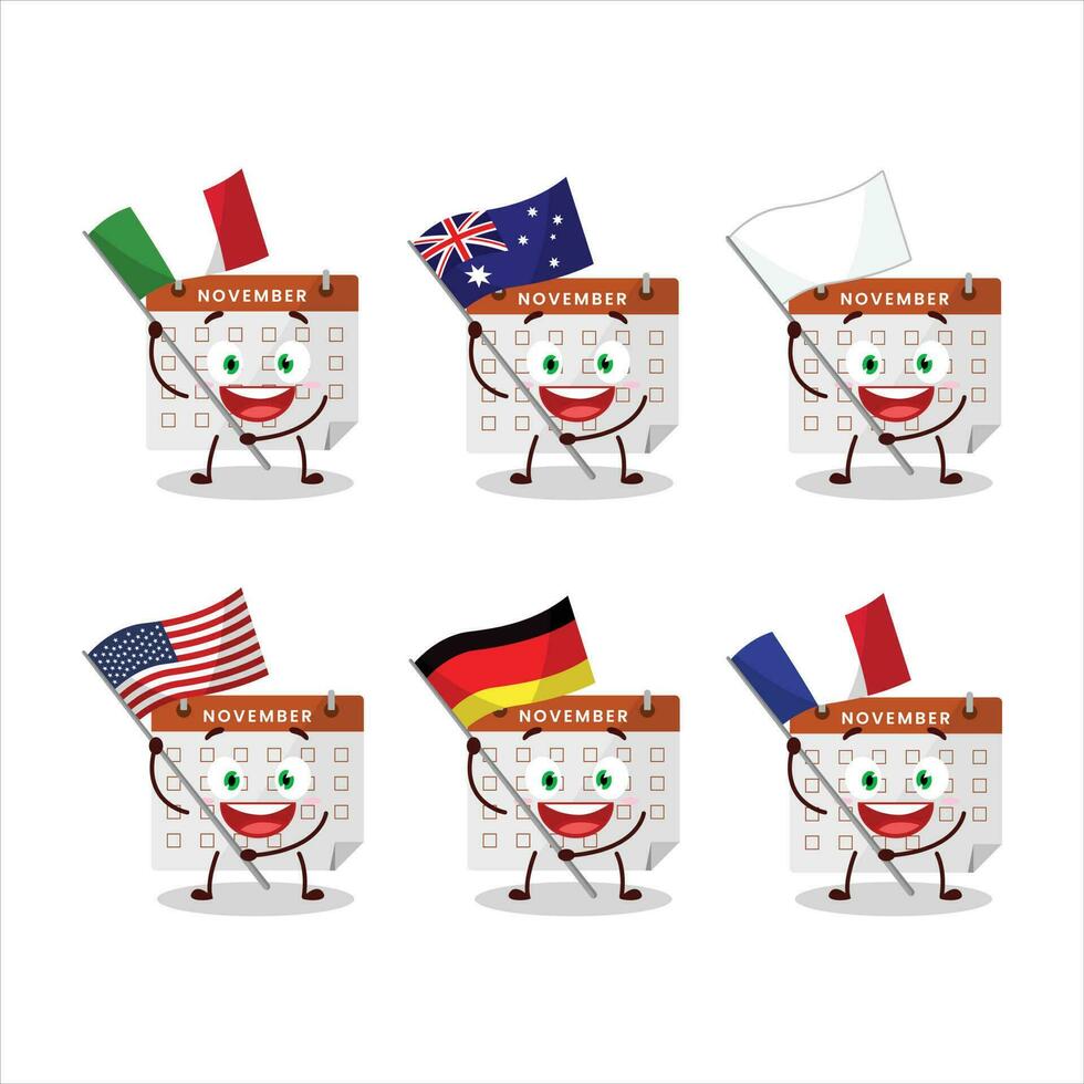 Ação de graças calendário desenho animado personagem trazer a bandeiras do vários países vetor
