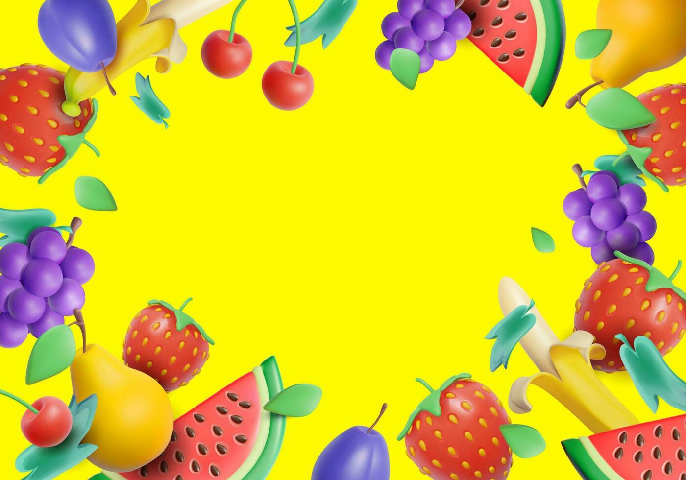 3d plasticina fruta e baga verão conceito poster cartão fundo. vetor