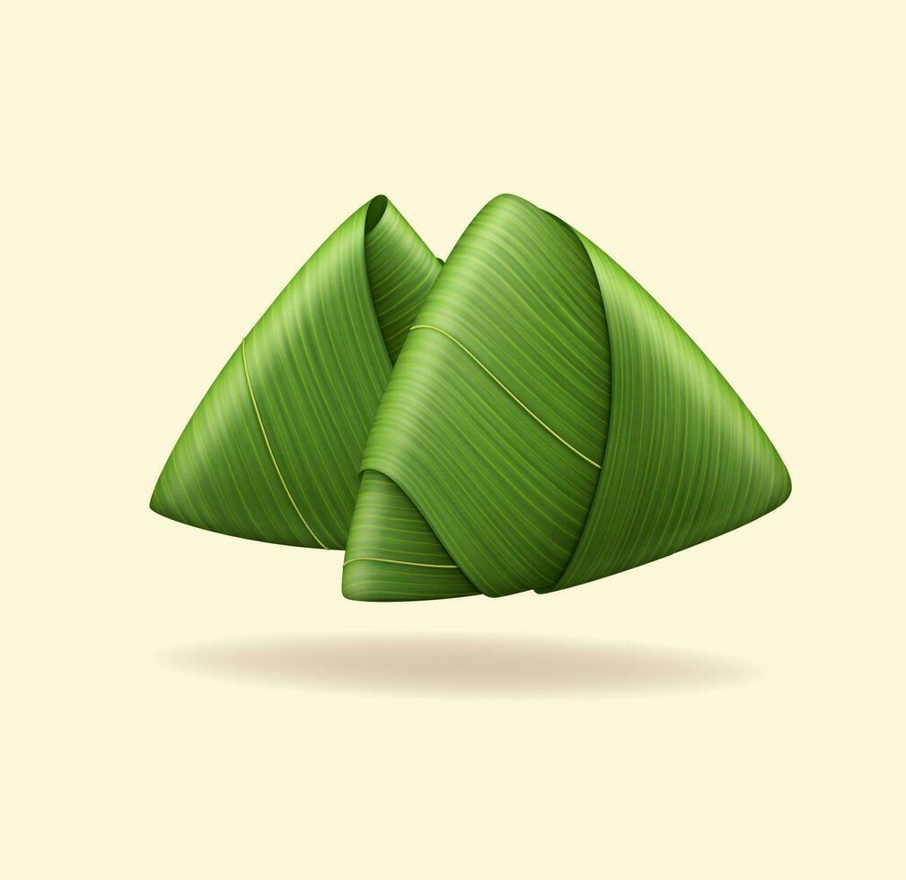 realista detalhado 3d chinês arroz bolinho de massa embrulhado de verde bambu folhas. vetor