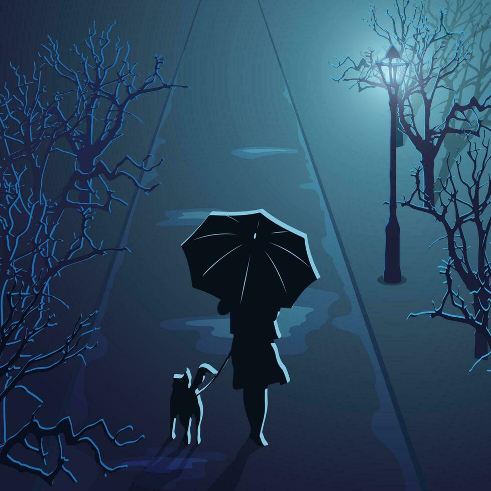 silhueta do uma menina debaixo a guarda-chuva com uma cachorro vetor