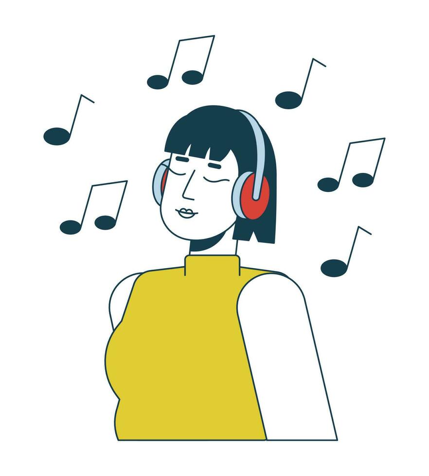 ásia menina desfrutando música batidas plano linha vetor local ilustração. fones de ouvido jovem mulher 2d desenho animado esboço personagem em branco para rede ui Projeto. melomaníaco editável isolado colorida herói imagem