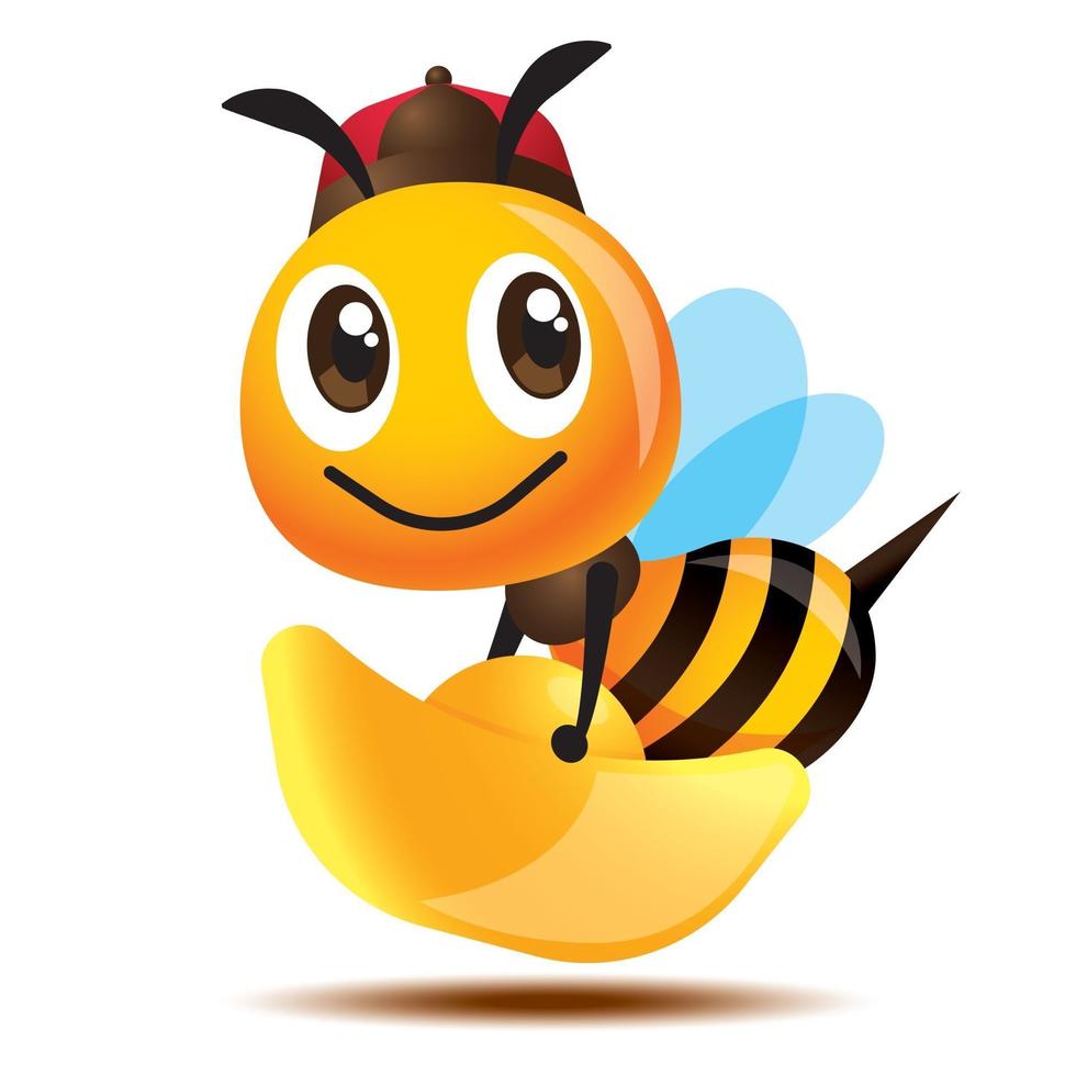 Desenho animado fofa abelha com tampa antiga carregando um grande lingote de ouro vetor