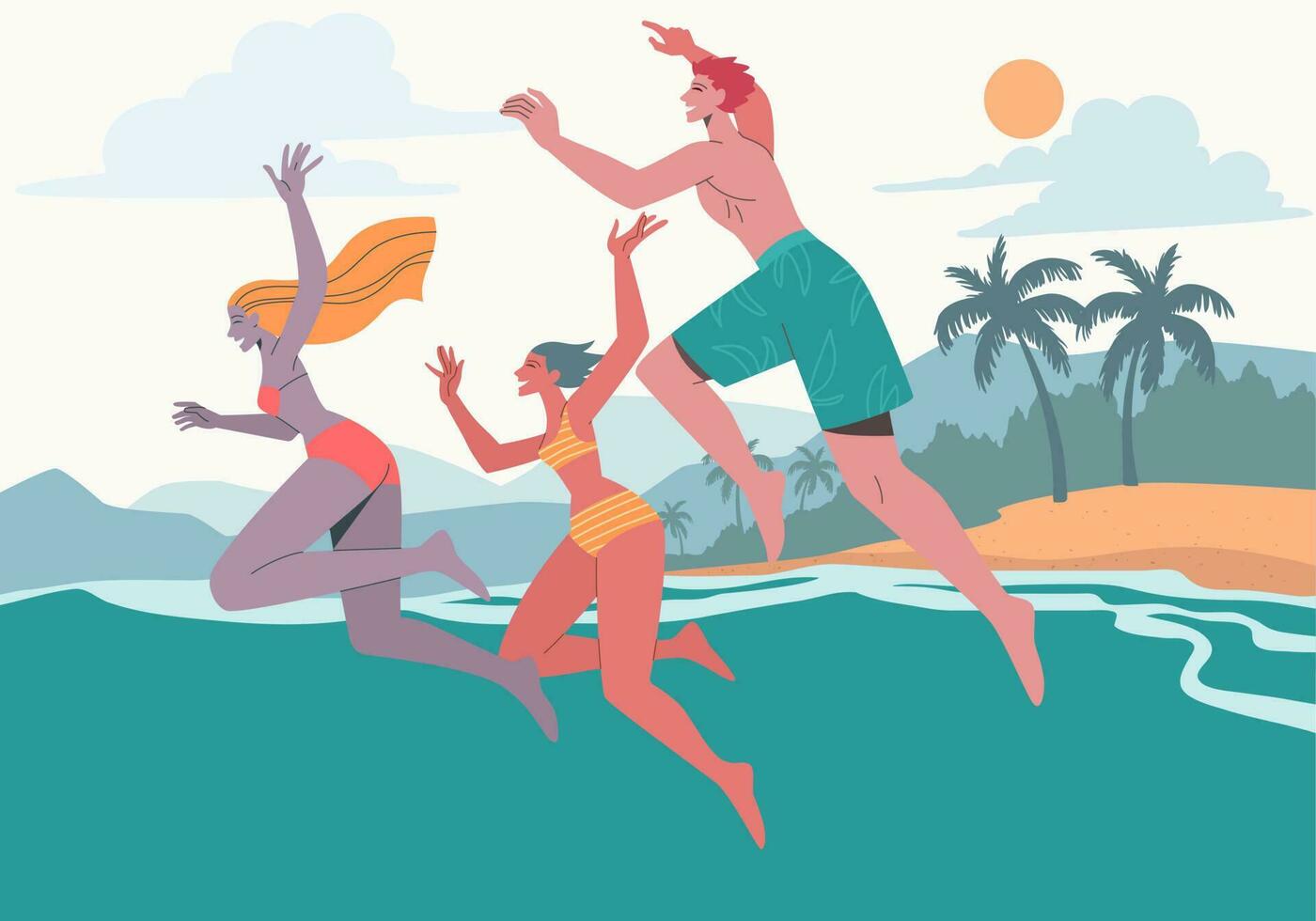 uma jovem grupo do amigos pulando para dentro a mar. tendo Diversão e refrescante em uma quente verão dia. vetor Projeto ilustração.