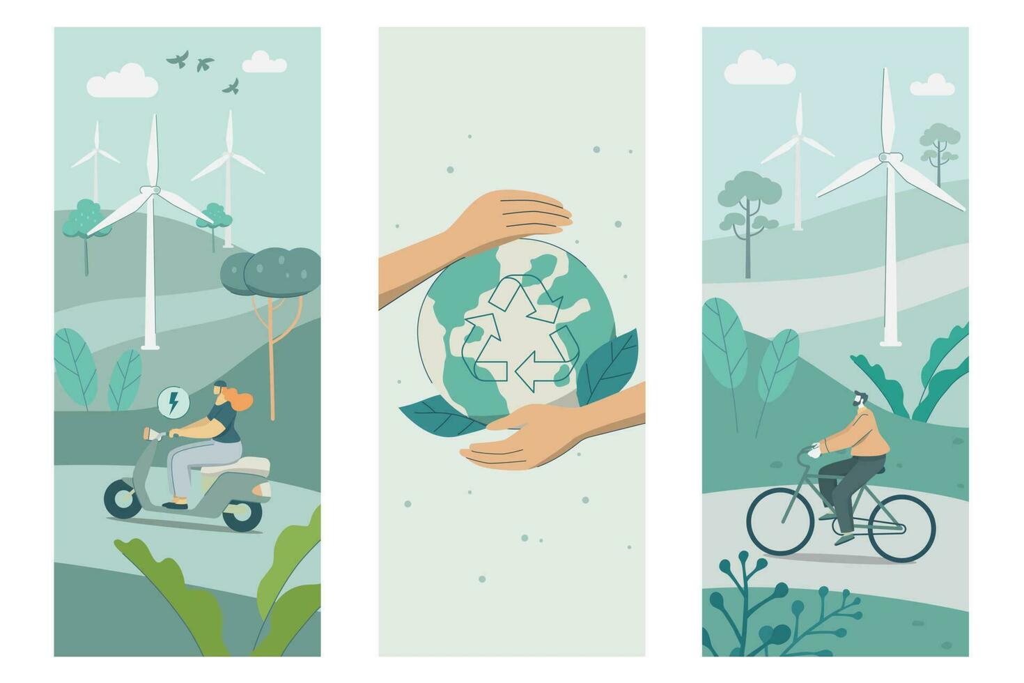 conjunto do sustentável, mulher dirigindo elétrico motocicleta, homem equitação uma bicicleta, dois mãos para proteger a global ambiente, vetor
