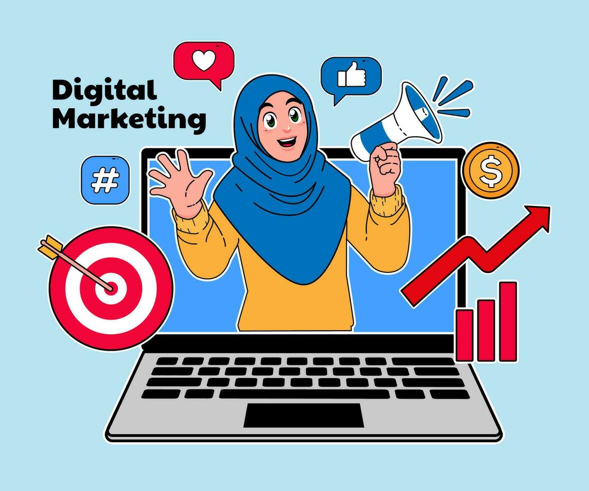 digital marketing ilustração, uma mulher vestindo uma hijab é promovendo com uma megafone vetor