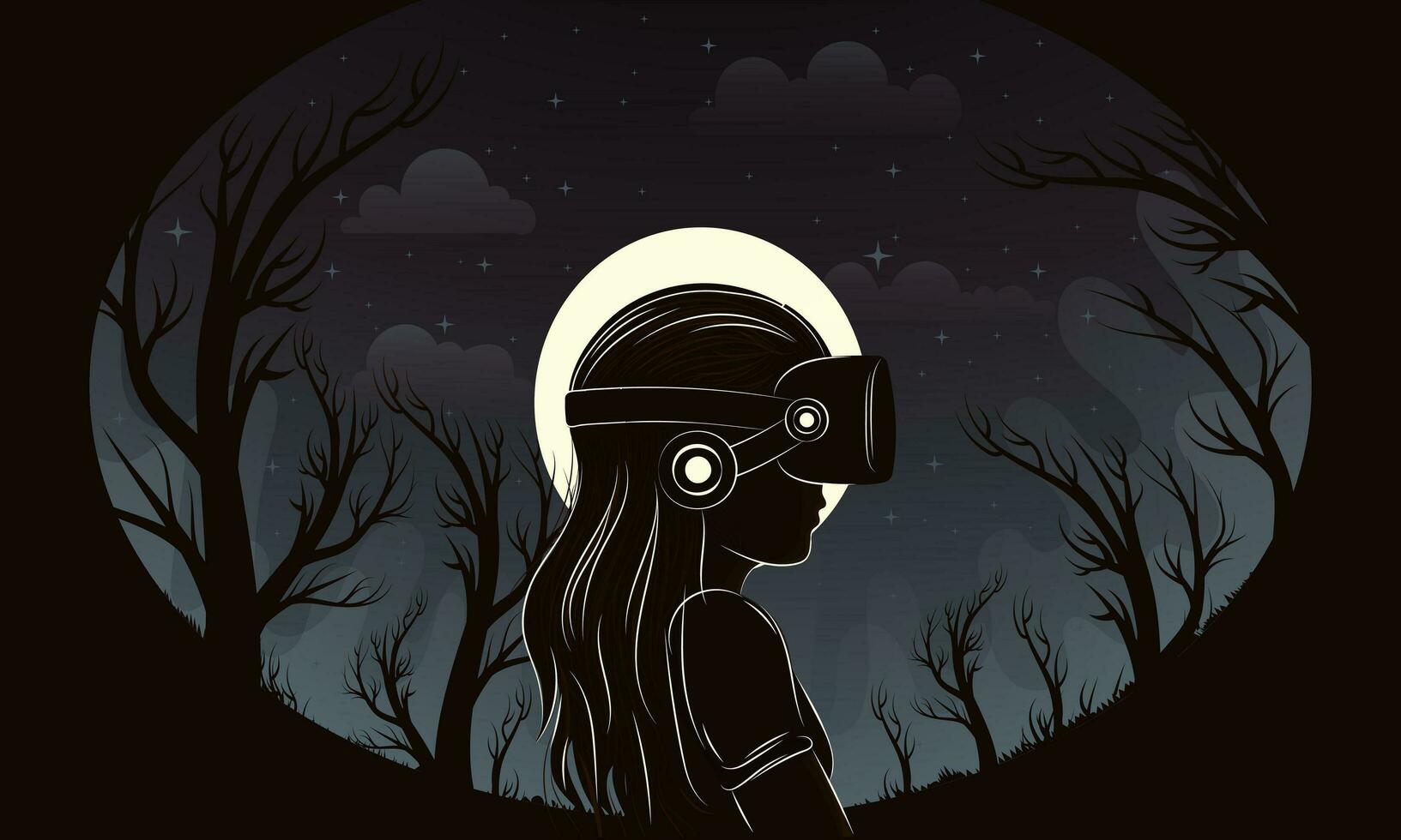 jovem menina personagem vestindo vr fone de ouvido em cheio lua estrelado floresta fundo. vetor