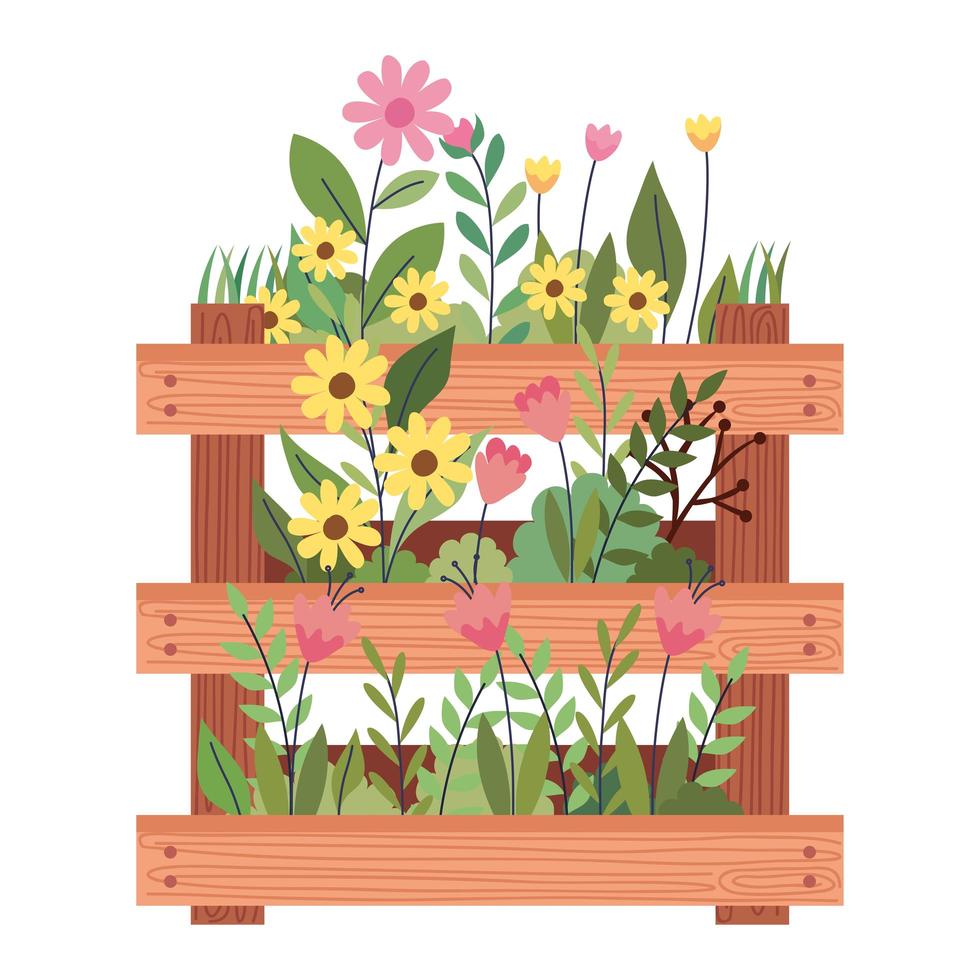 lindo jardim de flores em caixa de madeira vetor
