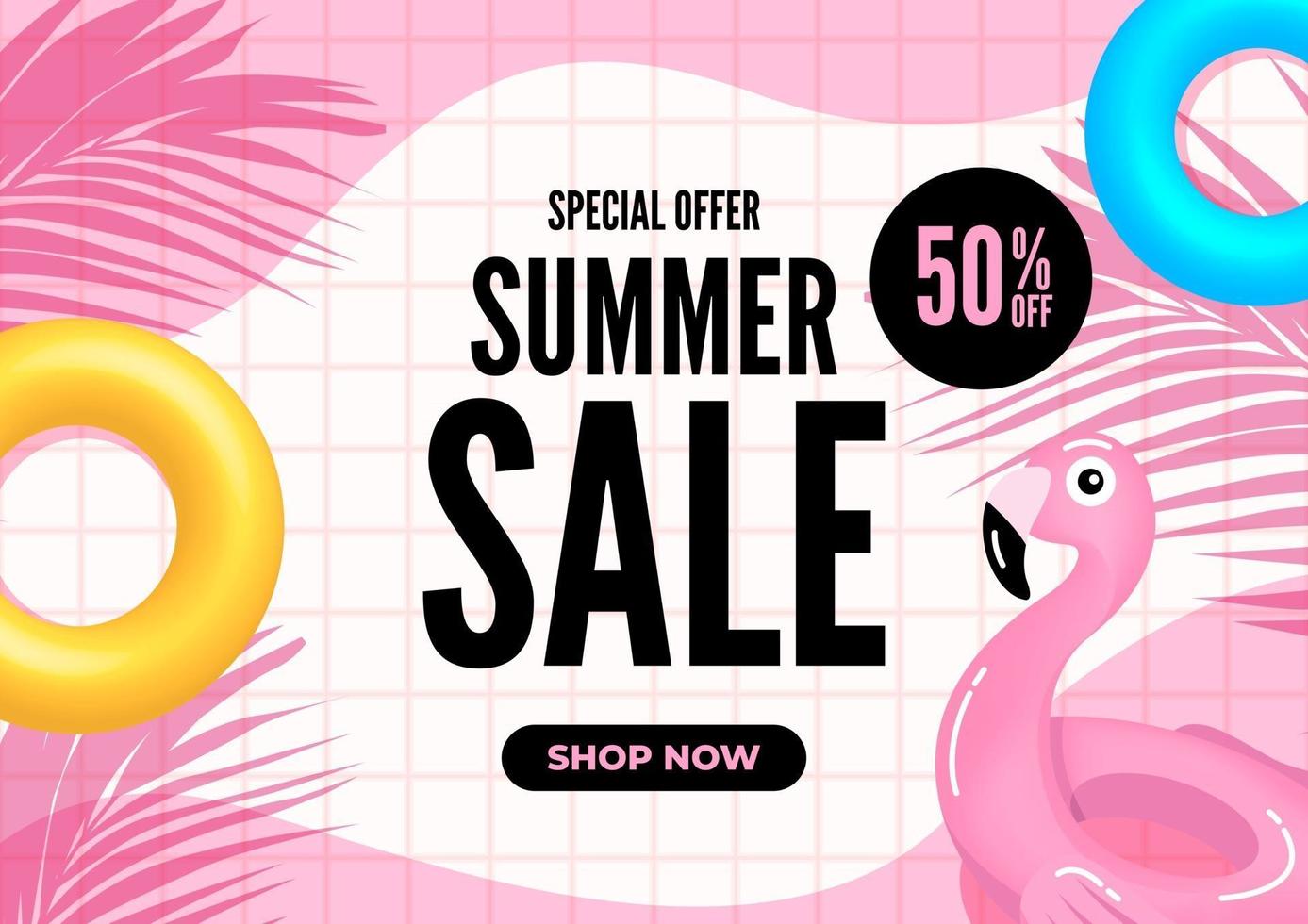 banner de venda de verão rosa com folhas de palmeira vetor