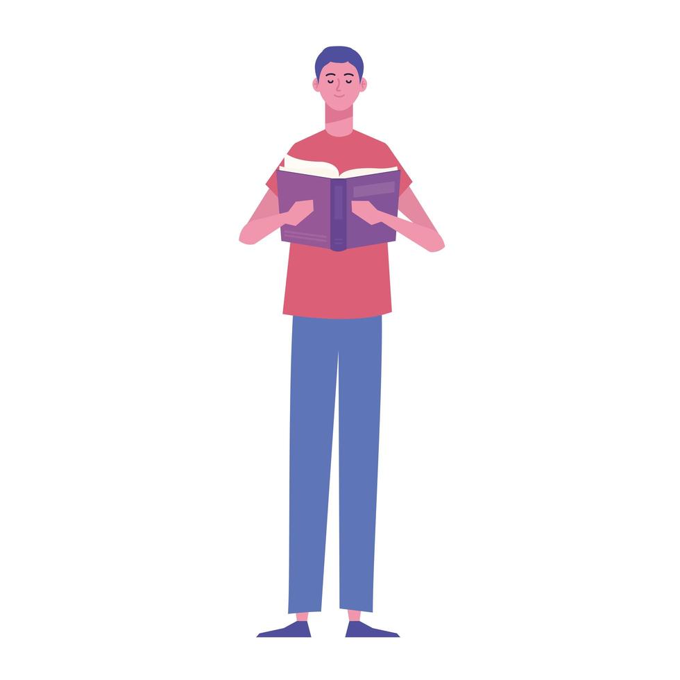 leitor masculino lendo livro personagem em pé vetor