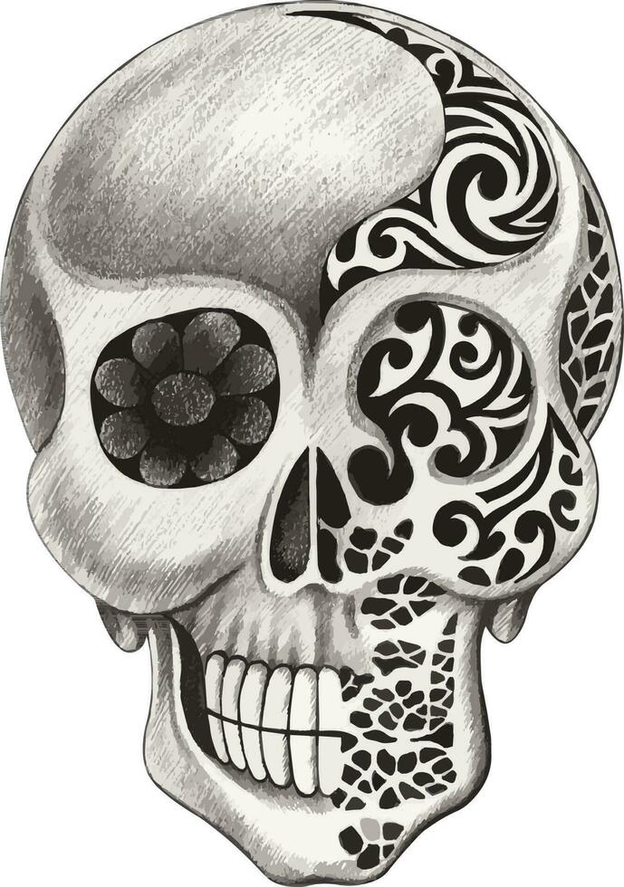 surreal crânio tatuagem. mão desenhando e faço gráfico vetor. vetor