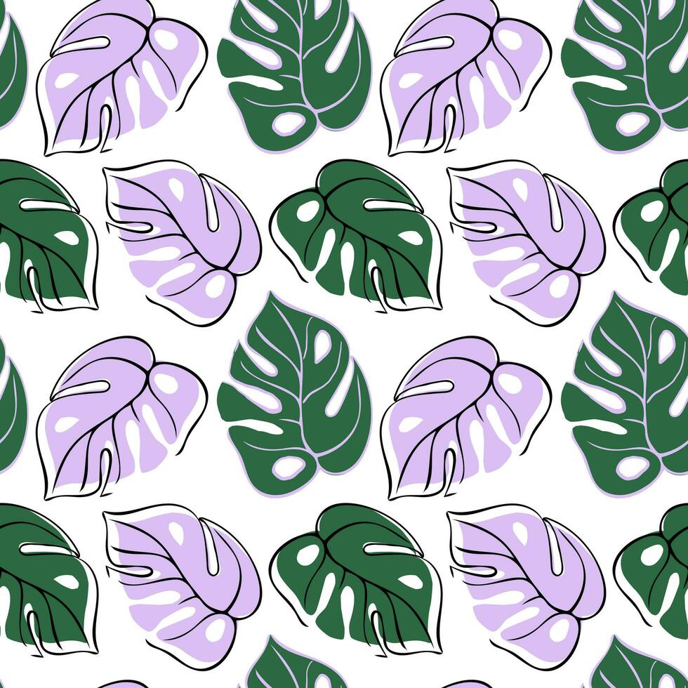 abstrato minimalista fundo com monstera folhas dentro 1 linha desenhando e plano. tropical plantar vetor ilustração. botânico desatado padronizar para papel, têxtil, cartões.