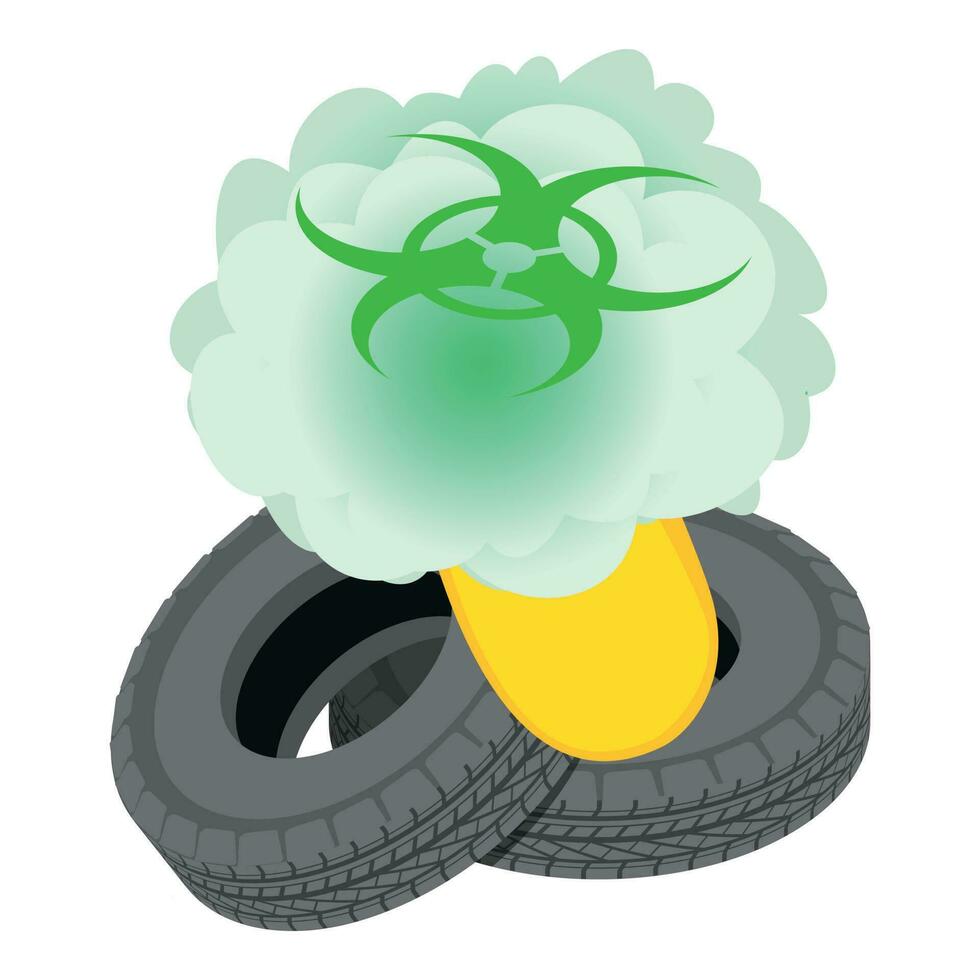 biológico poluição ícone isométrico vetor. velho desgastado carro pneu e risco biológico placa vetor
